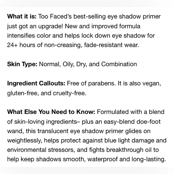 Too Faced RARE Shadow Insurance Eyeshadow Primer .35oz Brand New In Box 💯 Auth! - Picture 6 of 15
